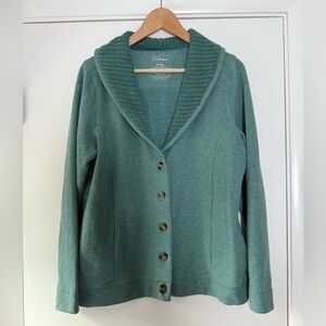 LL Bean Knit Shawl Collar Jersey Sweatshirt Cardigan Sage Teal Green Medium